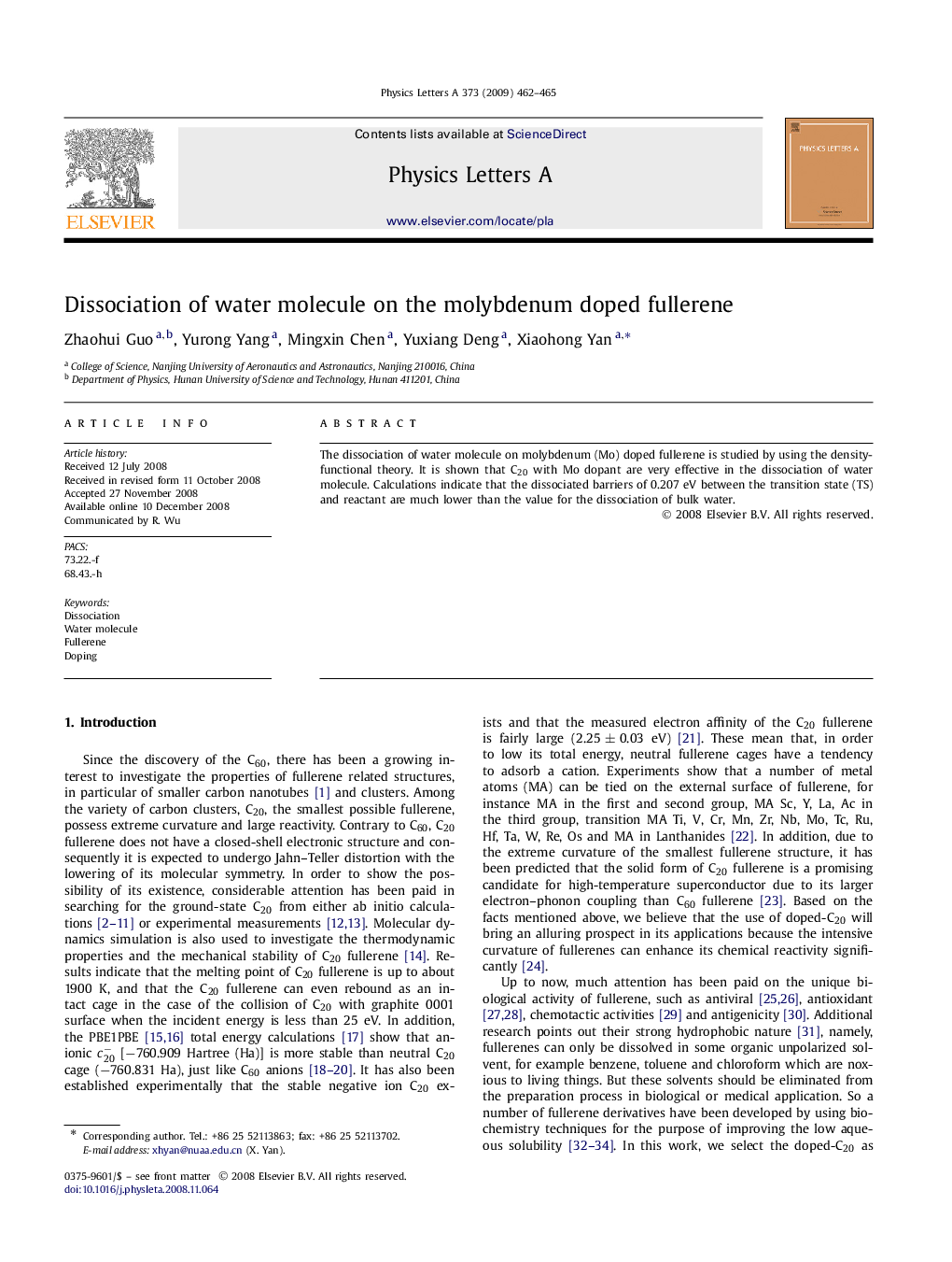 Dissociation of water molecule on the molybdenum doped fullerene