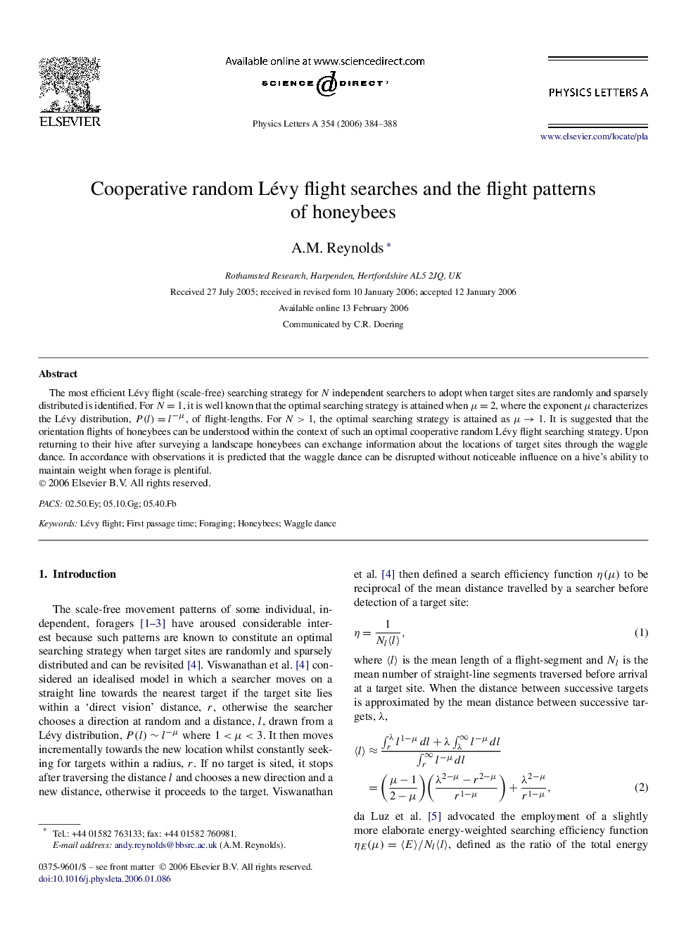 Cooperative random Lévy flight searches and the flight patterns of honeybees