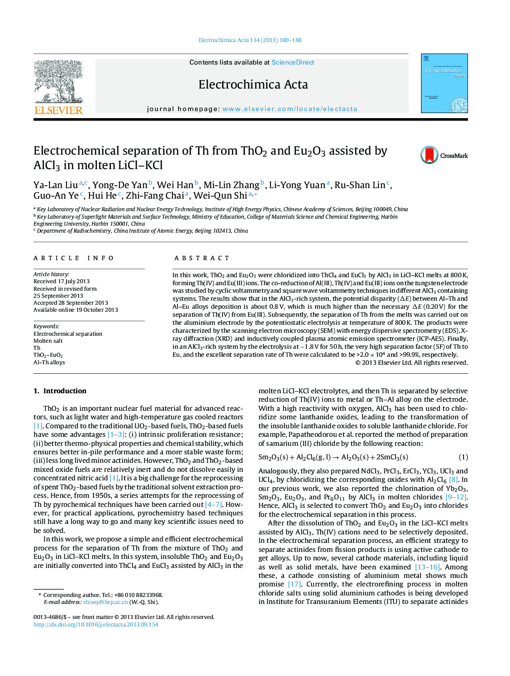 Electrochemical separation of Th from ThO2 and Eu2O3 assisted by AlCl3 in molten LiCl–KCl