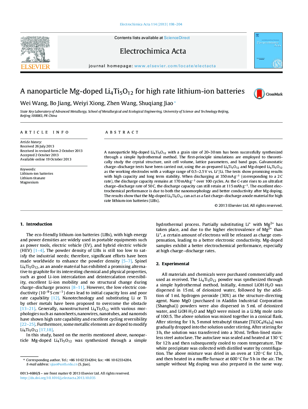 A nanoparticle Mg-doped Li4Ti5O12 for high rate lithium-ion batteries