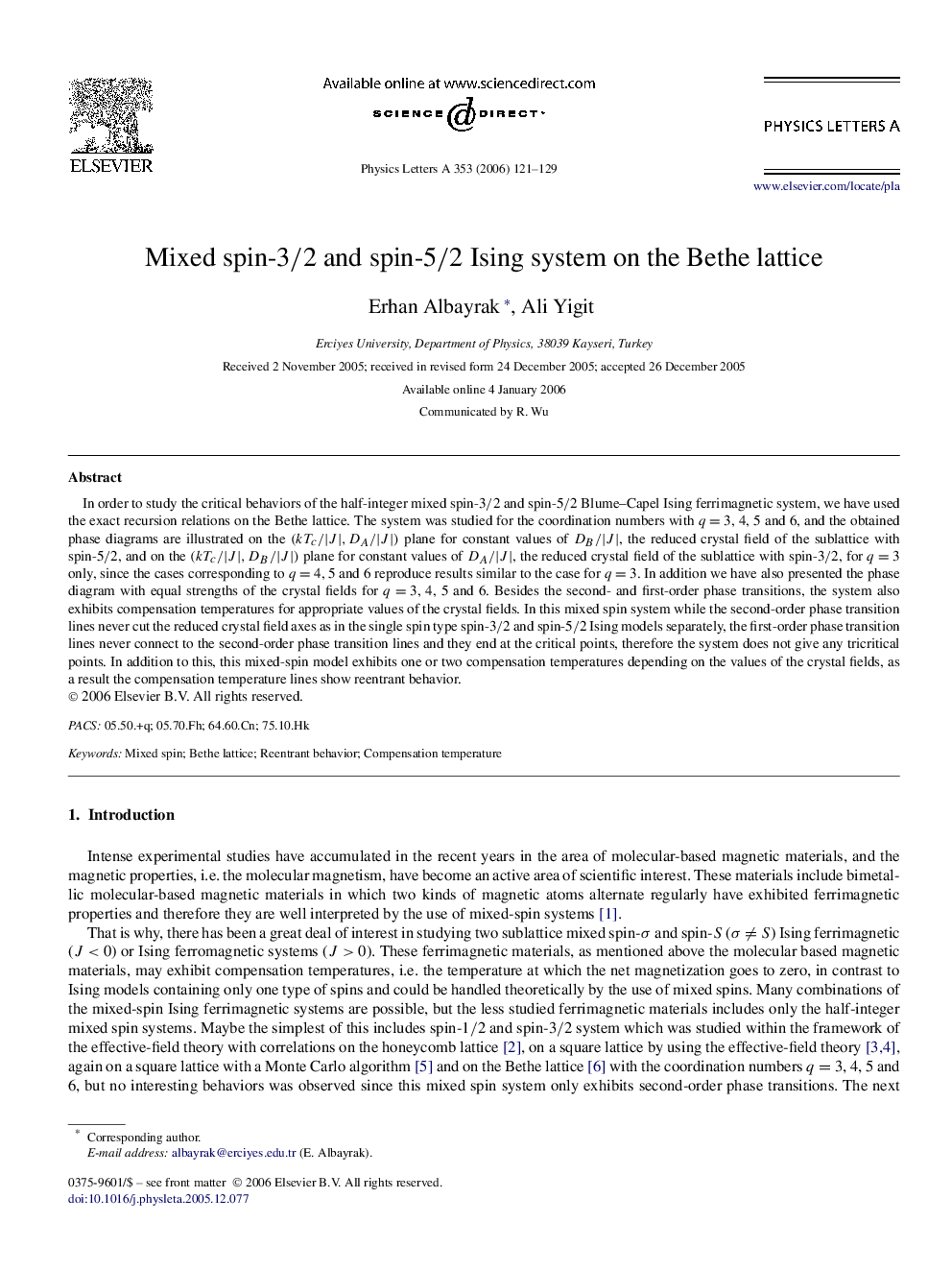 Mixed spin-3/2 and spin-5/2 Ising system on the Bethe lattice