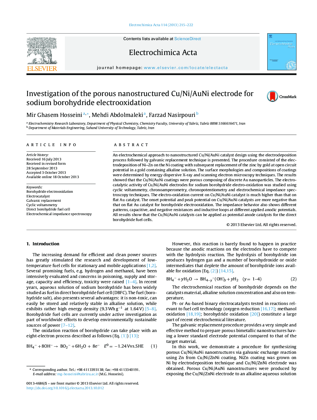 Investigation of the porous nanostructured Cu/Ni/AuNi electrode for sodium borohydride electrooxidation