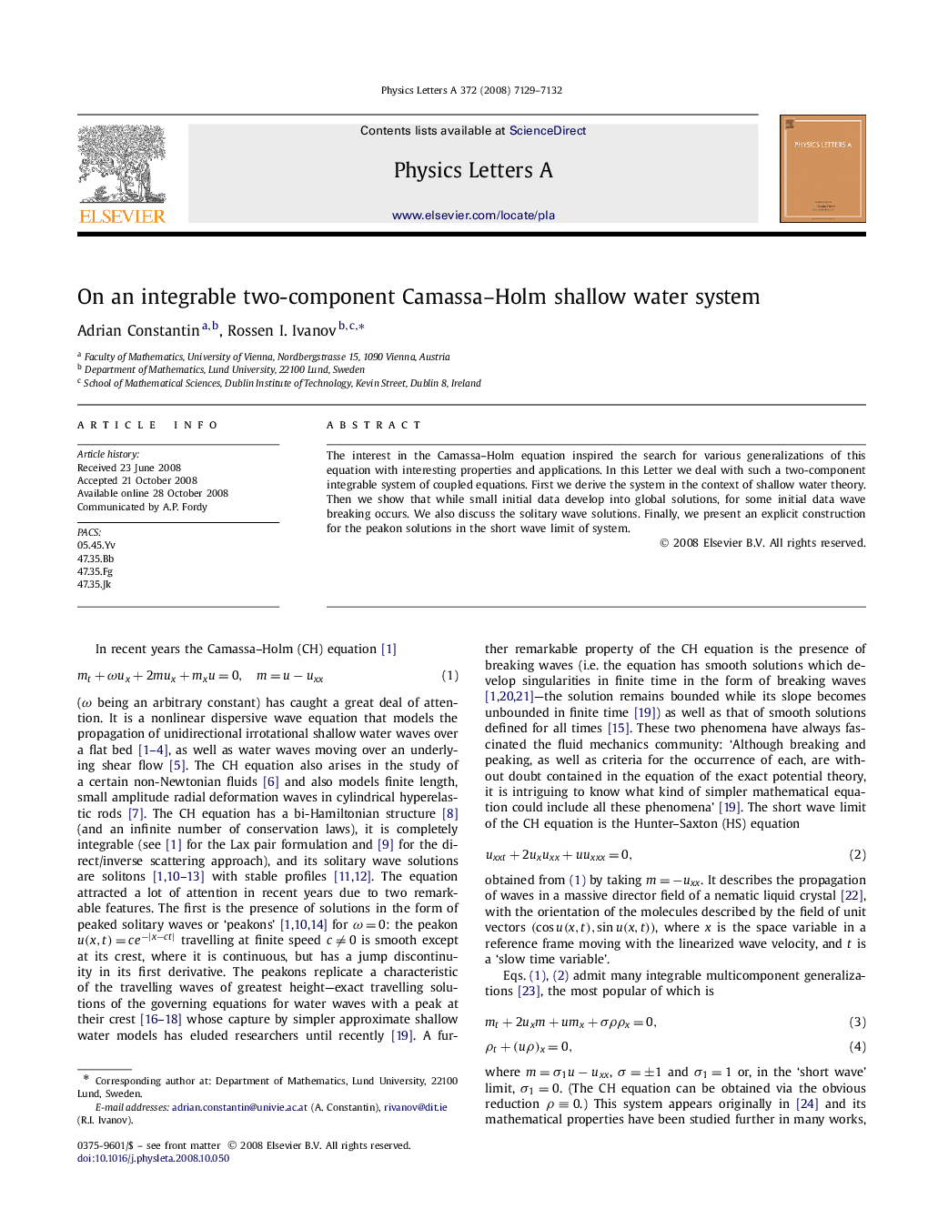 On an integrable two-component Camassa–Holm shallow water system