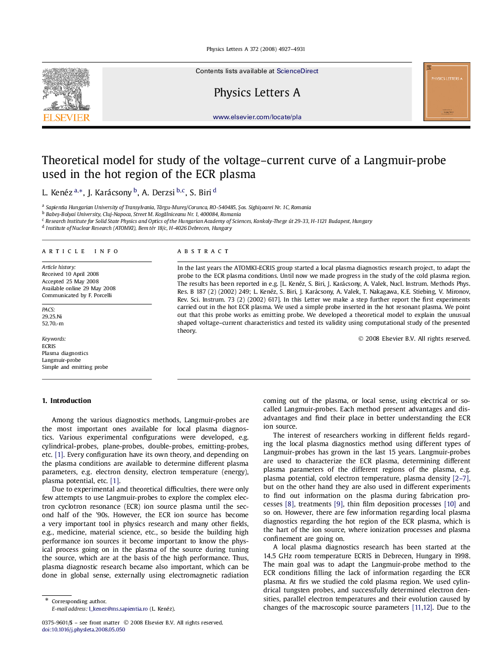 Theoretical model for study of the voltage–current curve of a Langmuir-probe used in the hot region of the ECR plasma