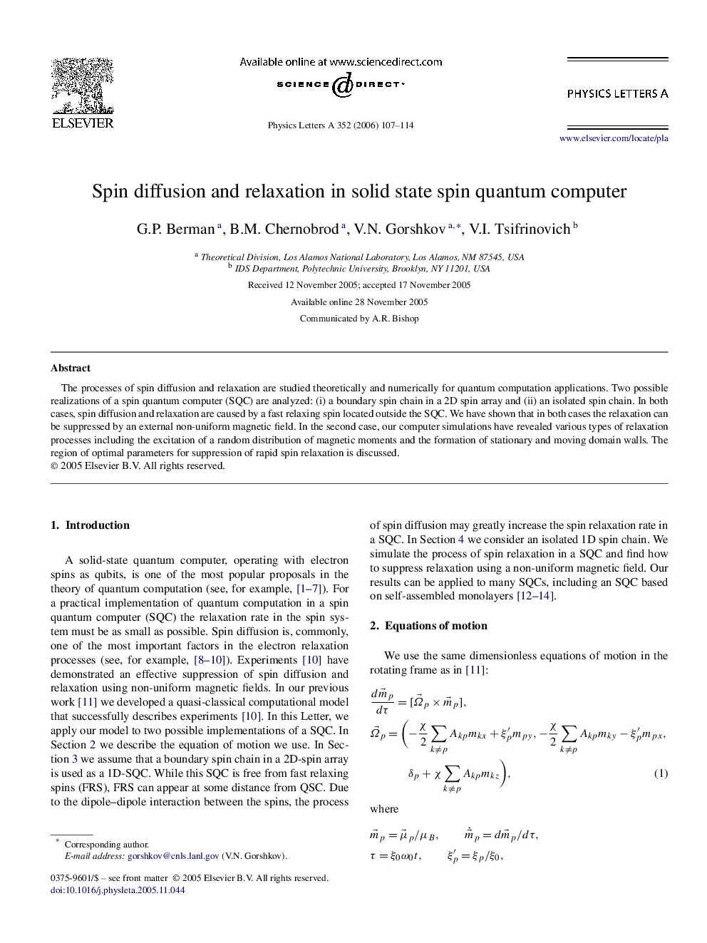 Spin diffusion and relaxation in solid state spin quantum computer