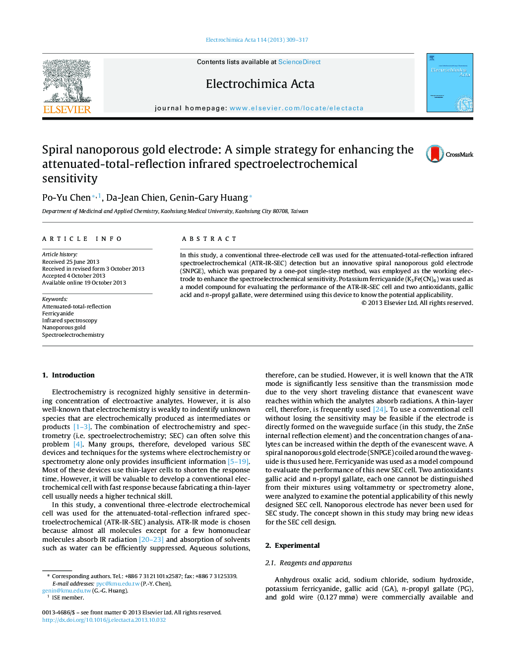 Spiral nanoporous gold electrode: A simple strategy for enhancing the attenuated-total-reflection infrared spectroelectrochemical sensitivity