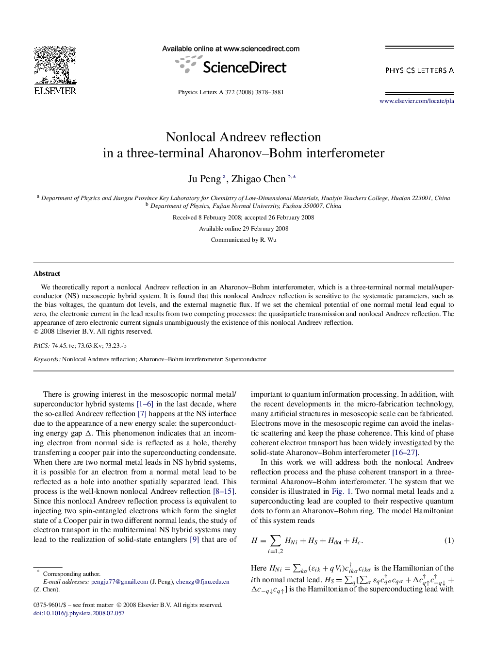 Nonlocal Andreev reflection in a three-terminal Aharonov–Bohm interferometer