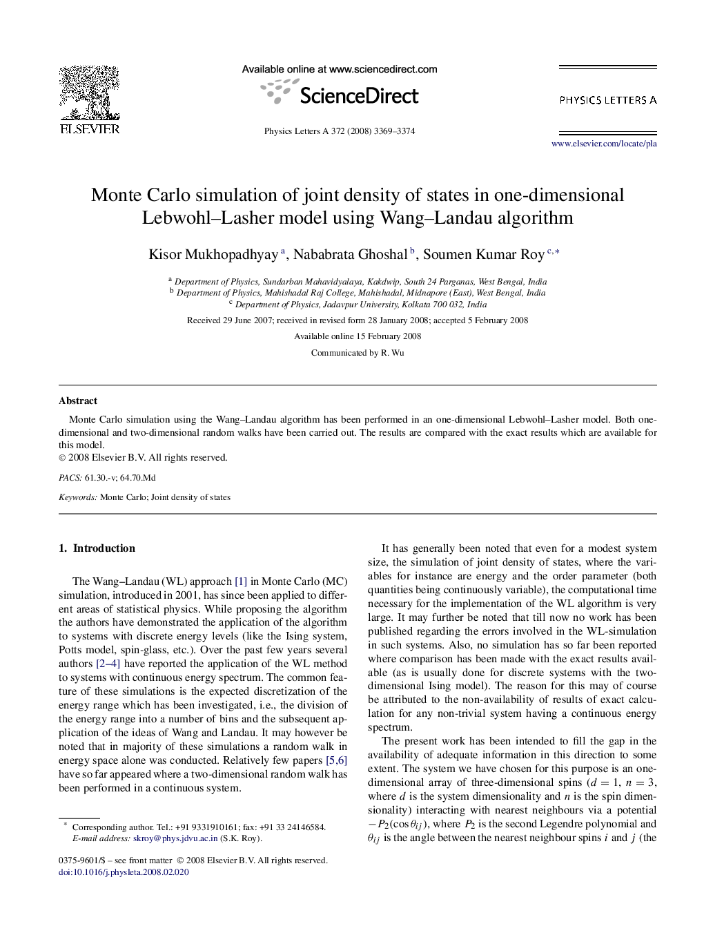 Monte Carlo simulation of joint density of states in one-dimensional Lebwohl–Lasher model using Wang–Landau algorithm