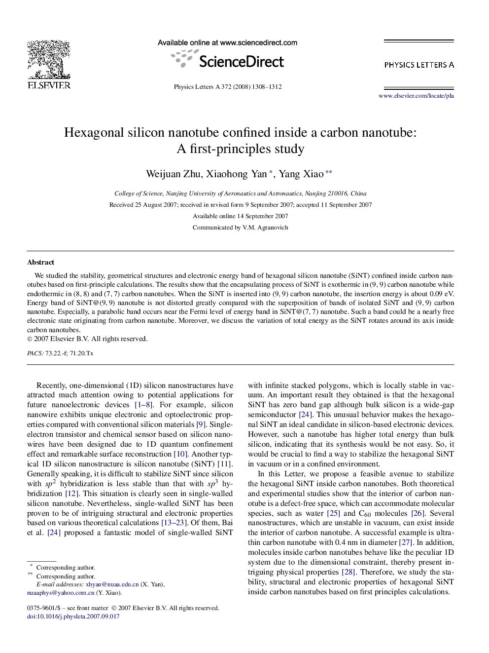 Hexagonal silicon nanotube confined inside a carbon nanotube: A first-principles study