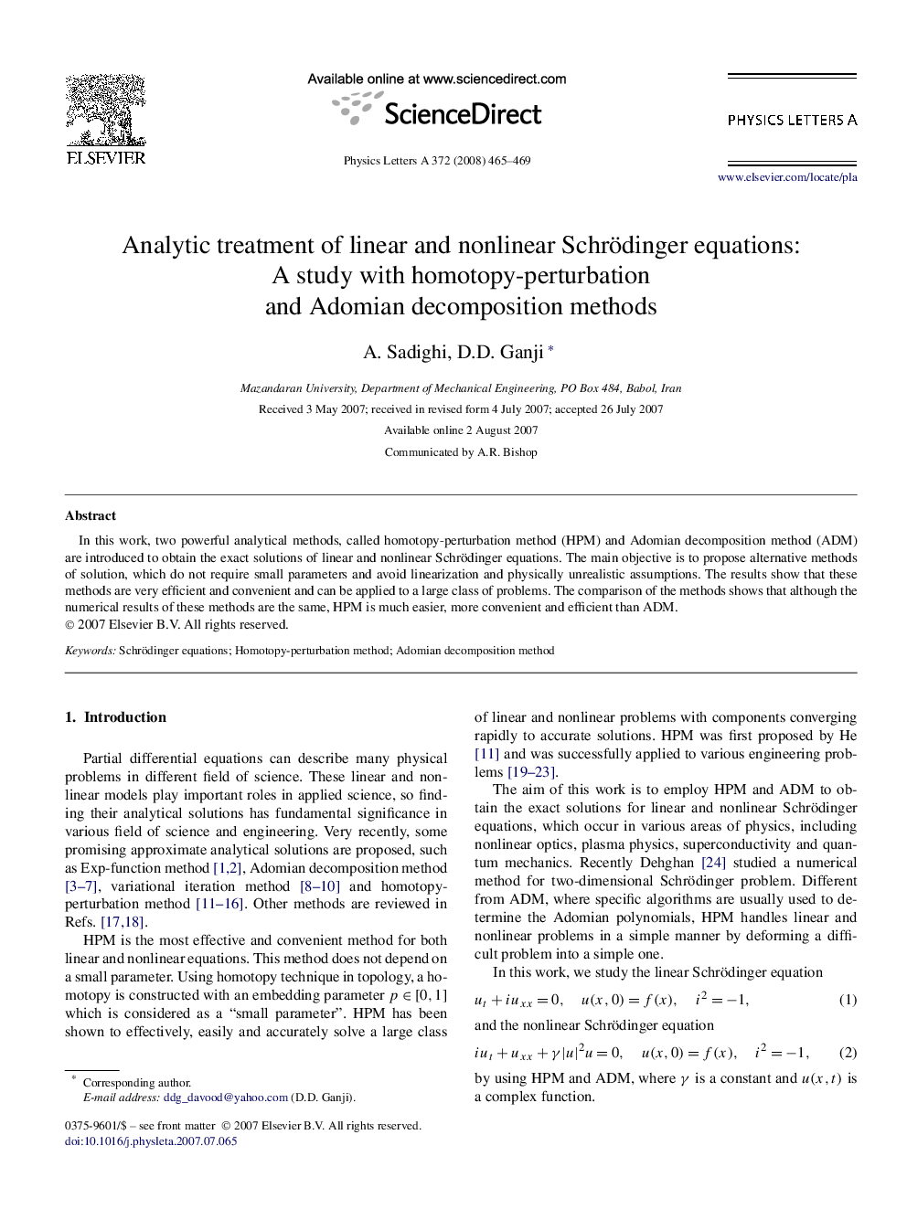 Analytic treatment of linear and nonlinear Schrödinger equations: A study with homotopy-perturbation and Adomian decomposition methods