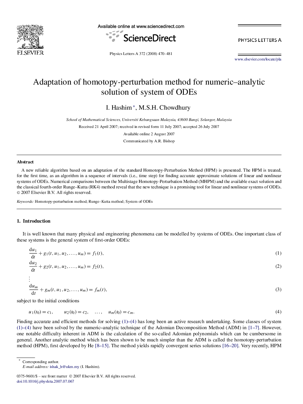 Adaptation of homotopy-perturbation method for numeric–analytic solution of system of ODEs