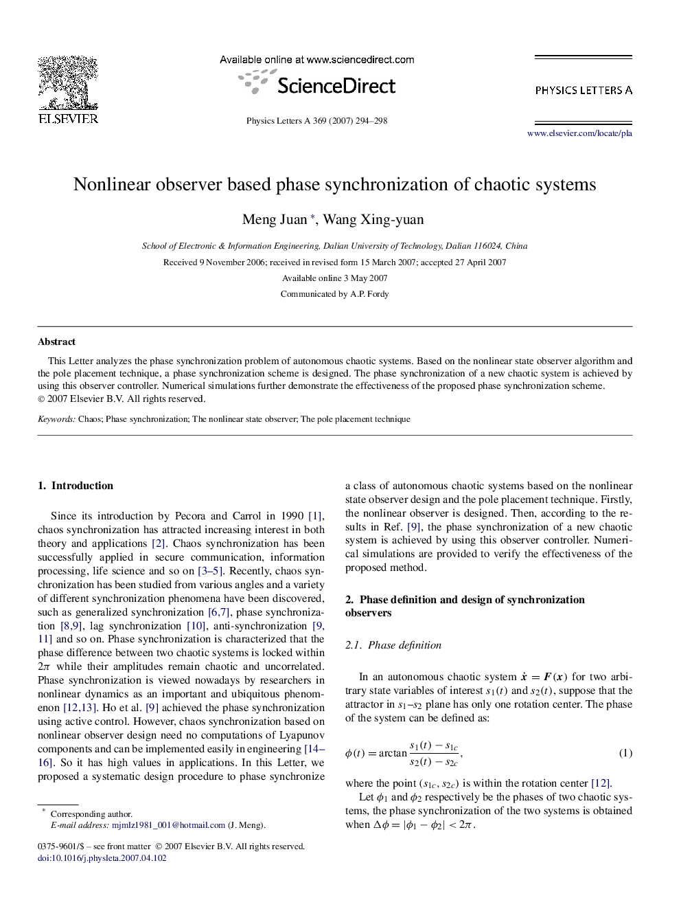 Nonlinear observer based phase synchronization of chaotic systems