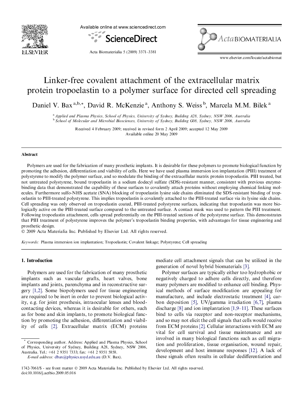 Linker-free covalent attachment of the extracellular matrix protein tropoelastin to a polymer surface for directed cell spreading