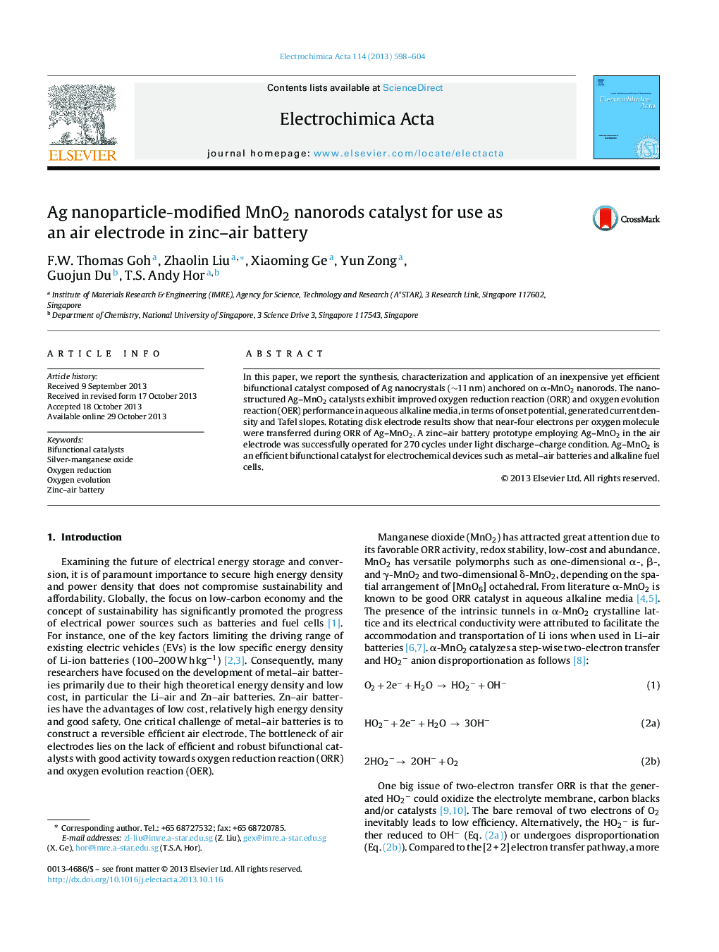 Ag nanoparticle-modified MnO2 nanorods catalyst for use as an air electrode in zinc–air battery