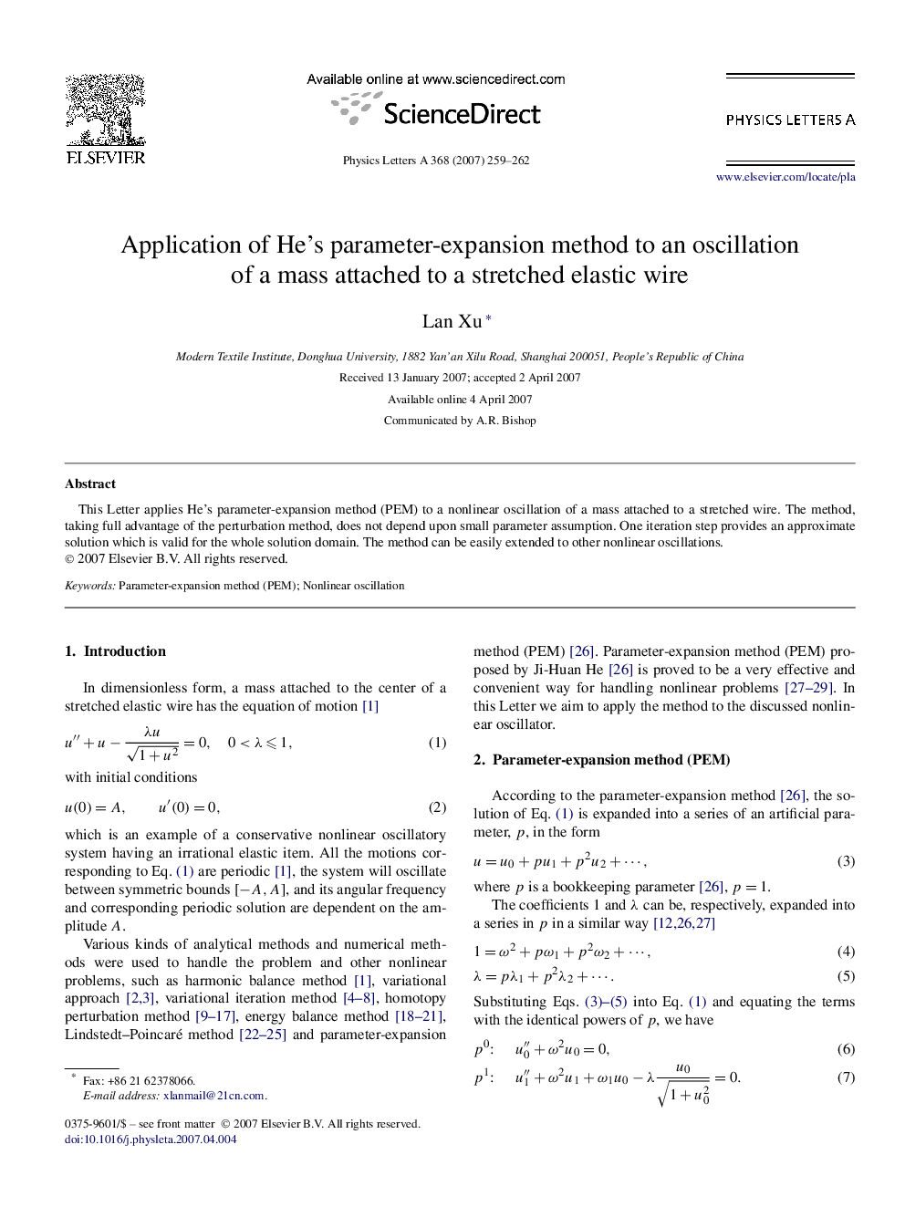 Application of He's parameter-expansion method to an oscillation of a mass attached to a stretched elastic wire