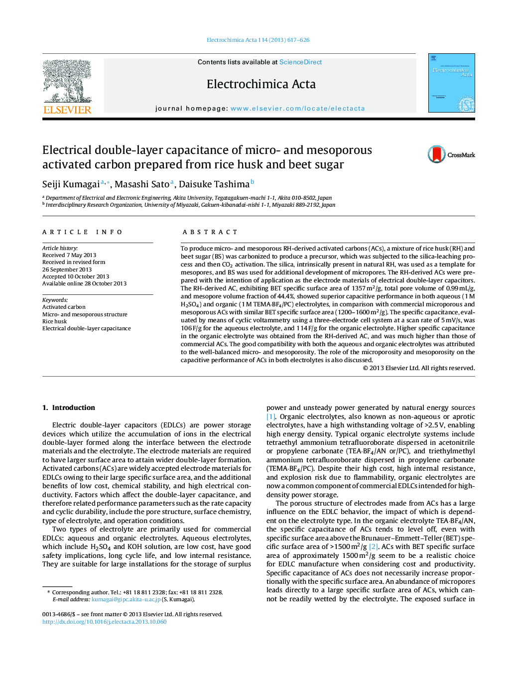 Electrical double-layer capacitance of micro- and mesoporous activated carbon prepared from rice husk and beet sugar