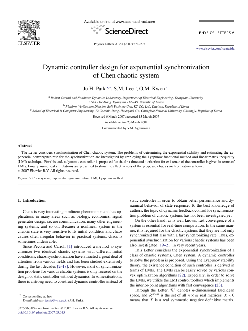 Dynamic controller design for exponential synchronization of Chen chaotic system