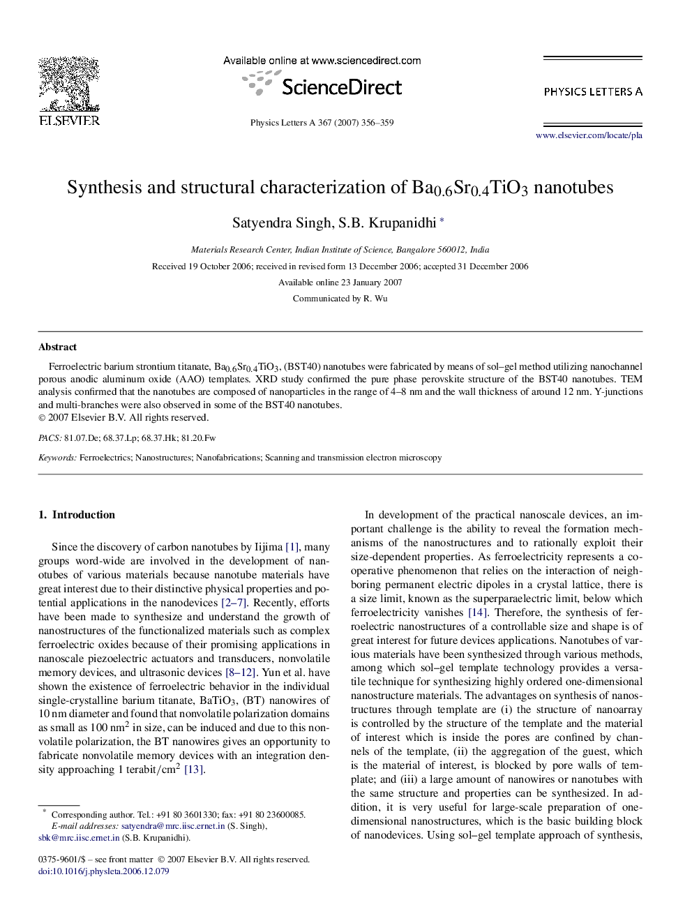 عکس صفحه اول مقاله: Synthesis and structural characterization of Ba0.6Sr0.4TiO3 nanotubes Synthesis and structural characterization of Ba0.6Sr0.4TiO3 nanotubes