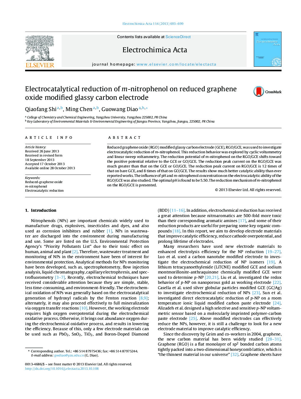 Electrocatalytical reduction of m-nitrophenol on reduced graphene oxide modified glassy carbon electrode