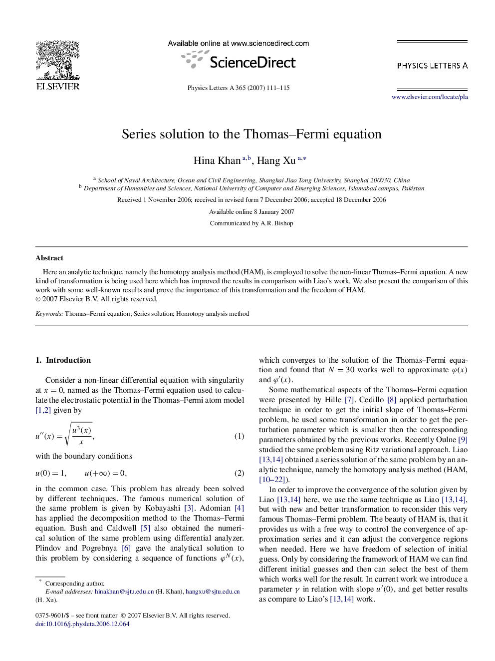 Series solution to the Thomas–Fermi equation