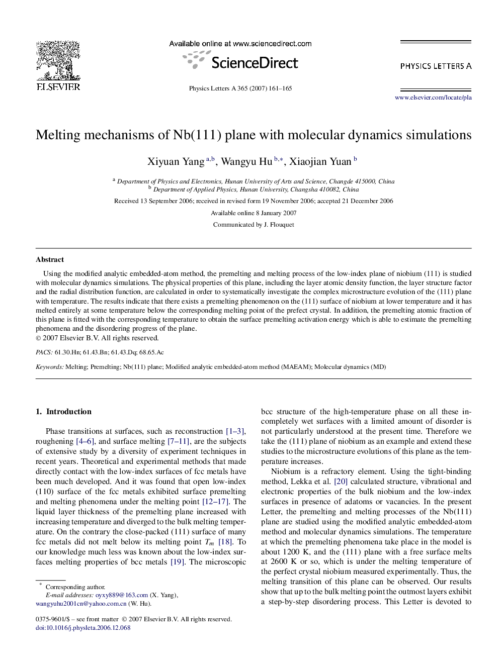 Melting mechanisms of Nb(111) plane with molecular dynamics simulations