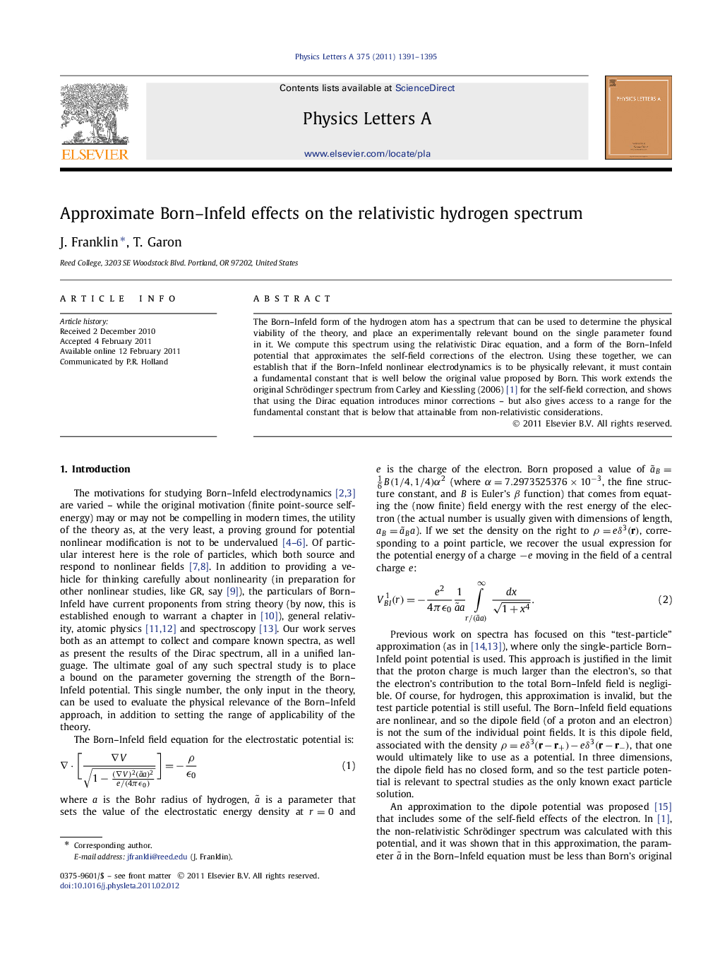 عکس صفحه اول مقاله: Approximate Born–Infeld effects on the relativistic hydrogen spectrum Approximate Born–Infeld effects on the relativistic hydrogen spectrum