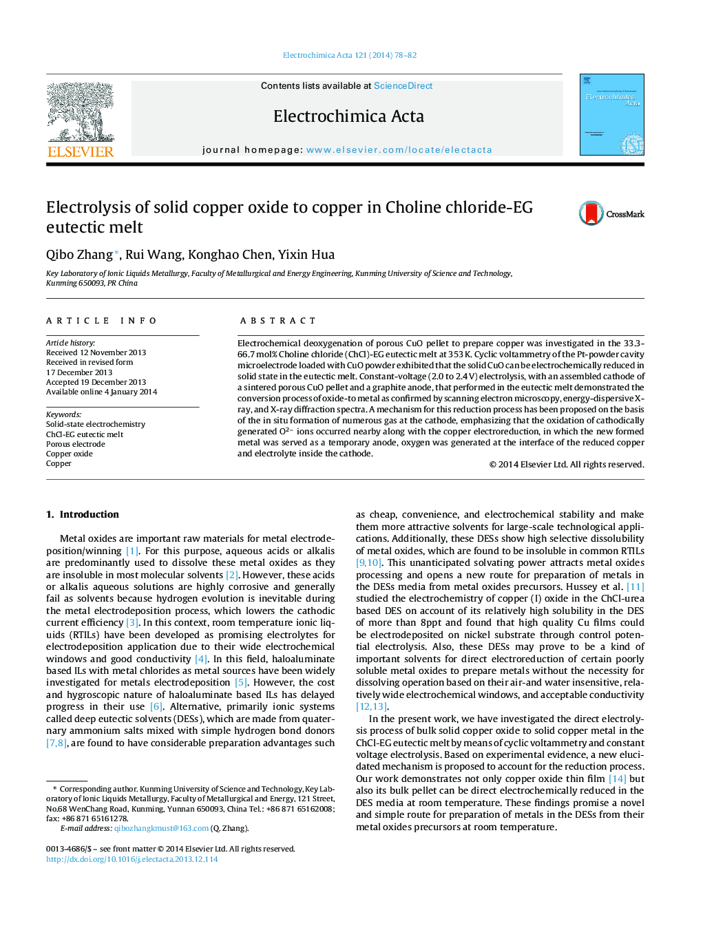 Electrolysis of solid copper oxide to copper in Choline chloride-EG eutectic melt