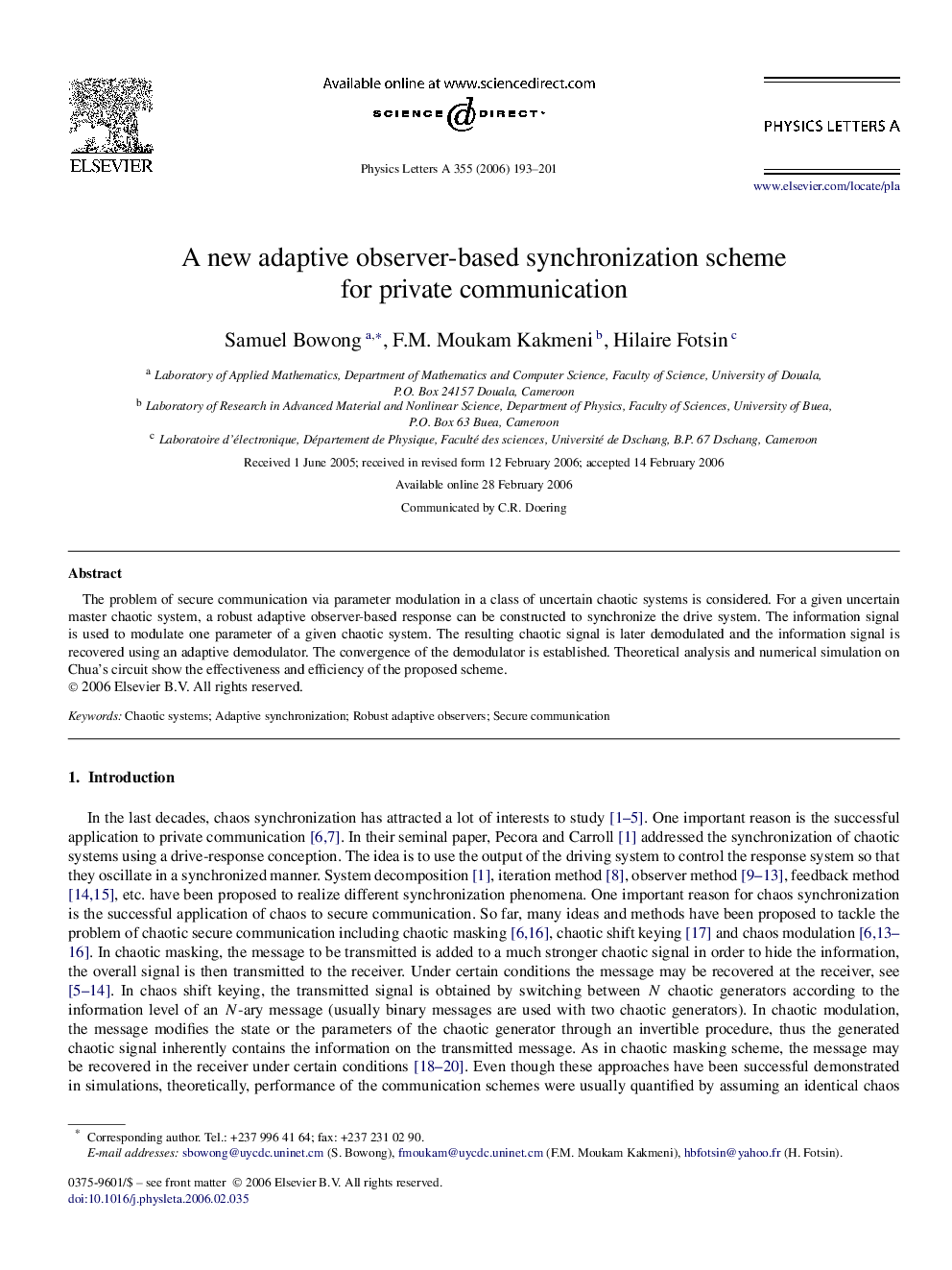 A new adaptive observer-based synchronization scheme for private communication