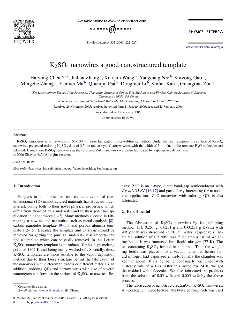 K2SO4 nanowires a good nanostructured template