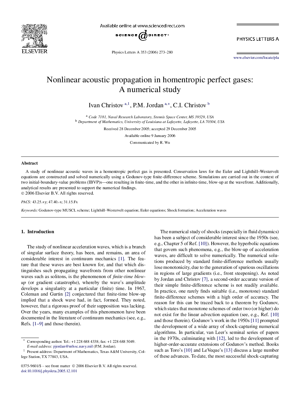 Nonlinear acoustic propagation in homentropic perfect gases: A numerical study