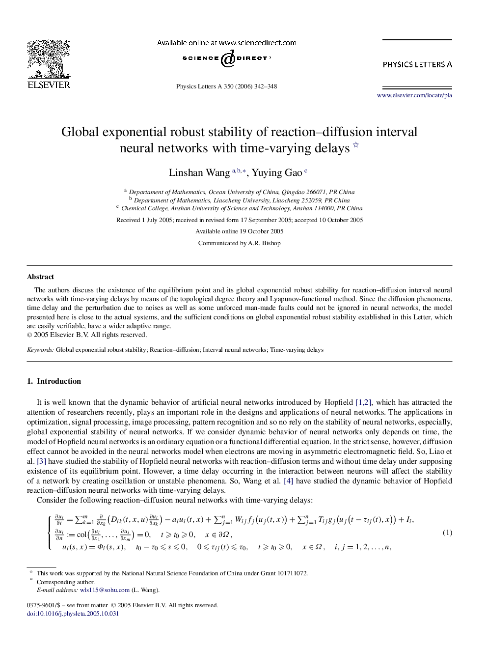 Global exponential robust stability of reaction–diffusion interval neural networks with time-varying delays 