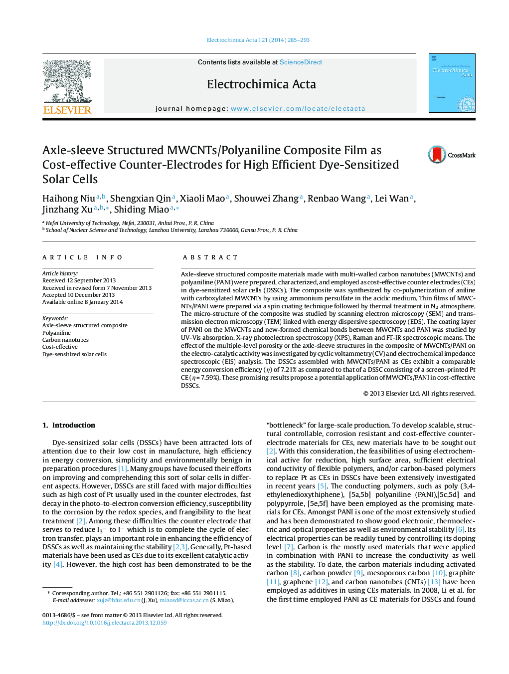 Axle-sleeve Structured MWCNTs/Polyaniline Composite Film as Cost-effective Counter-Electrodes for High Efficient Dye-Sensitized Solar Cells