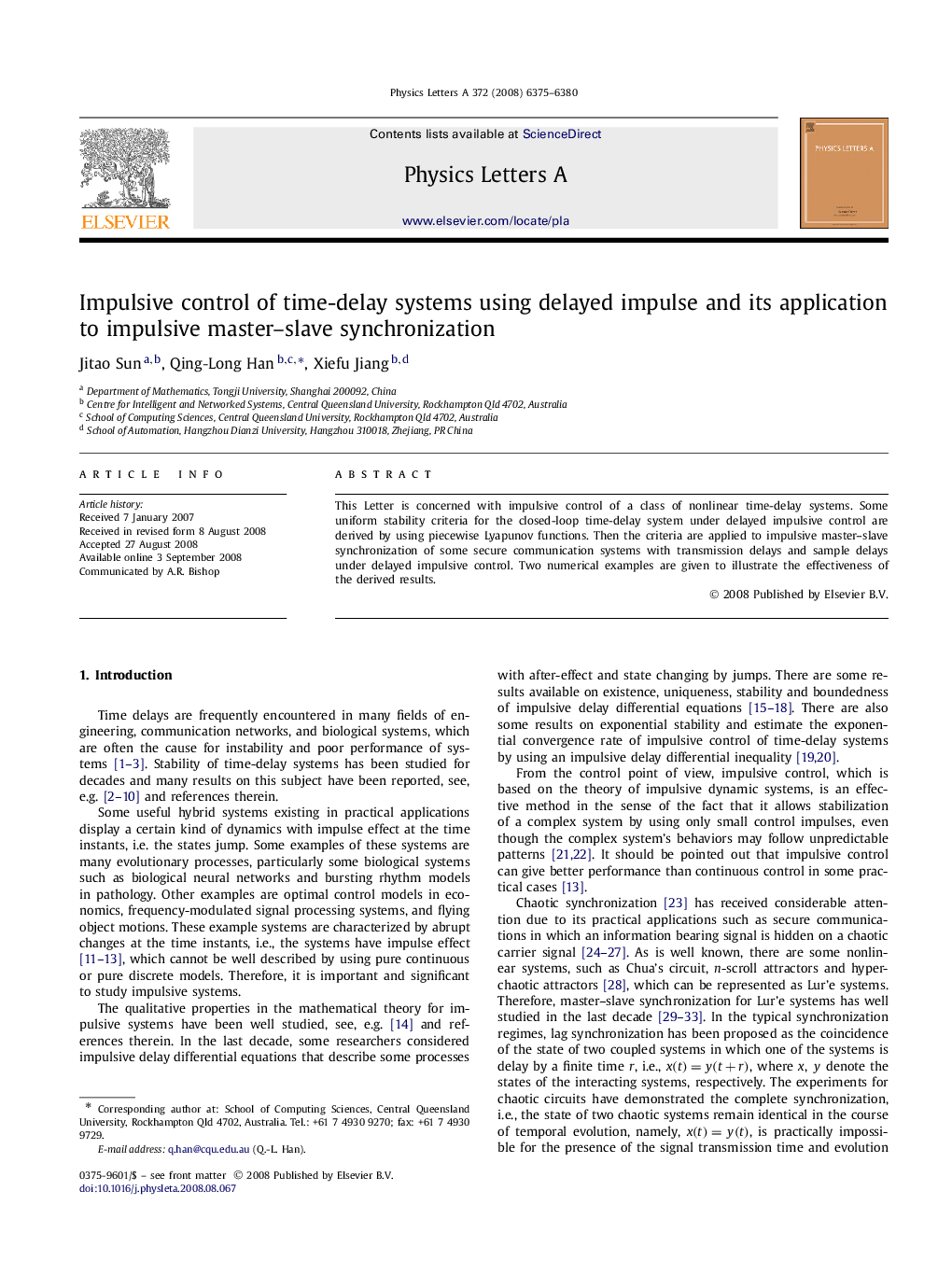 Impulsive control of time-delay systems using delayed impulse and its application to impulsive master–slave synchronization
