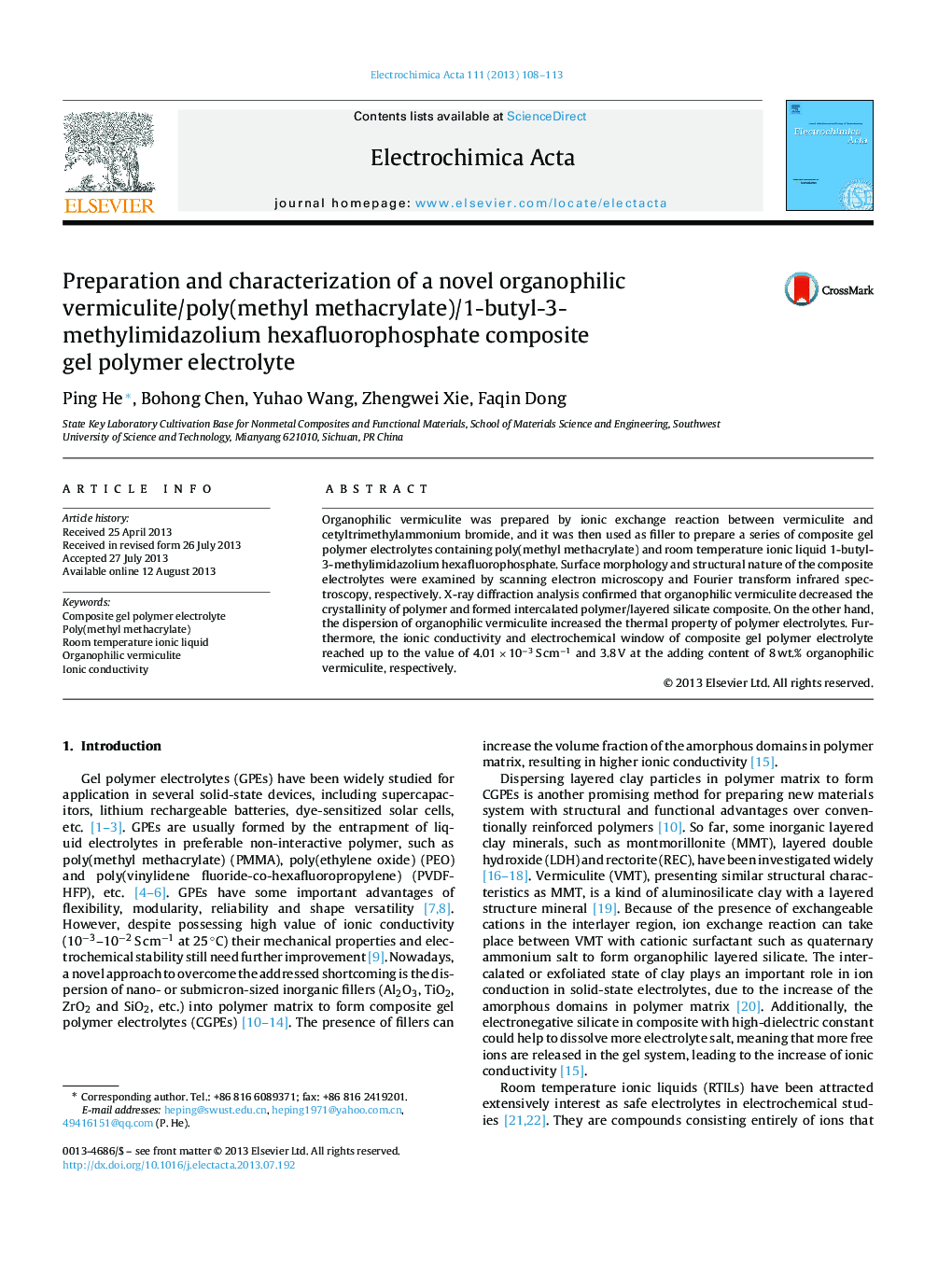 Preparation and characterization of a novel organophilic vermiculite/poly(methyl methacrylate)/1-butyl-3-methylimidazolium hexafluorophosphate composite gel polymer electrolyte