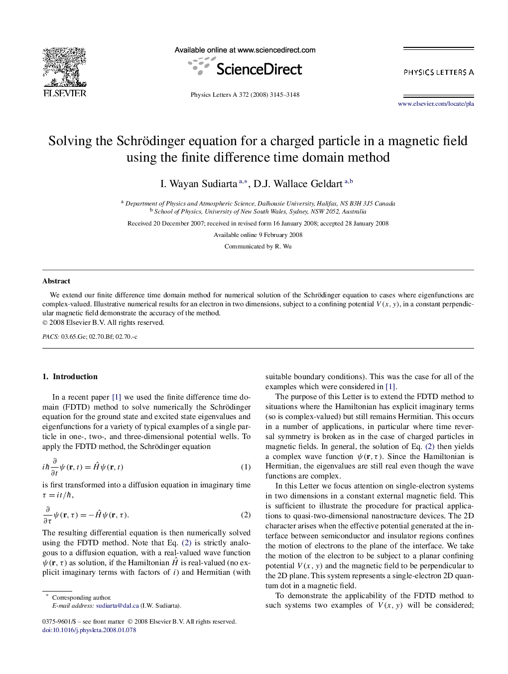 عکس صفحه اول مقاله: Solving the Schrödinger equation for a charged particle in a magnetic field using the finite difference time domain method Solving the Schrödinger equation for a charged particle in a magnetic field using the finite difference time domain method