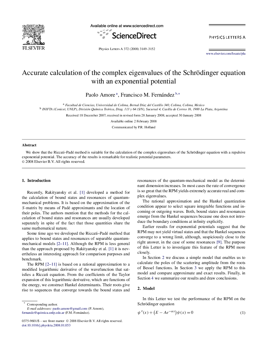 عکس صفحه اول مقاله: Accurate calculation of the complex eigenvalues of the Schrödinger equation with an exponential potential Accurate calculation of the complex eigenvalues of the Schrödinger equation with an exponential potential