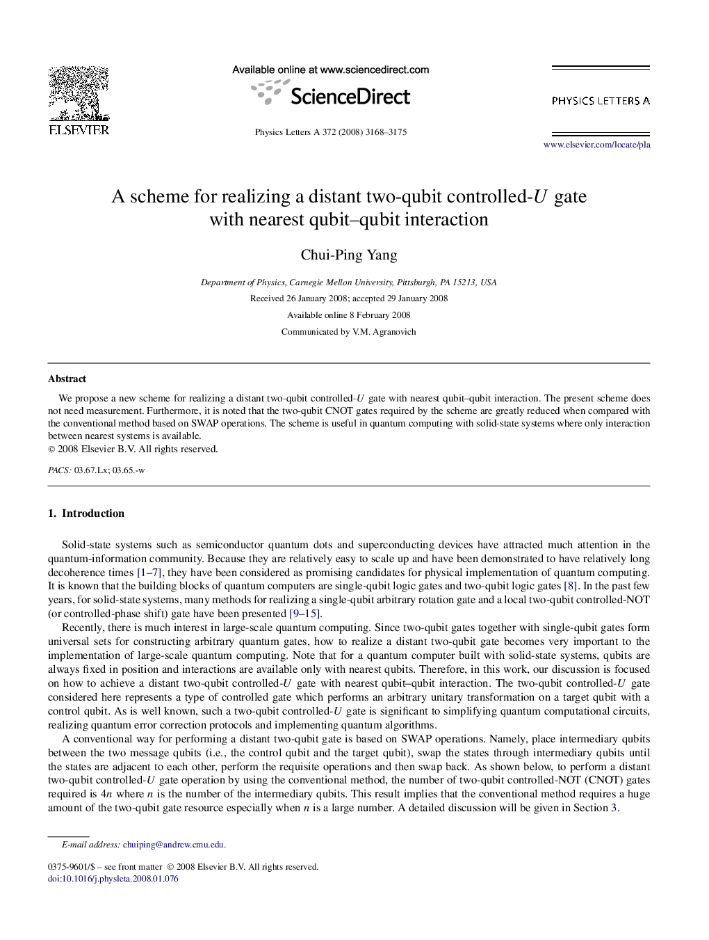 عکس صفحه اول مقاله: A scheme for realizing a distant two-qubit controlled-U gate with nearest qubit-qubit interaction A scheme for realizing a distant two-qubit controlled-U gate with nearest qubit-qubit interaction
