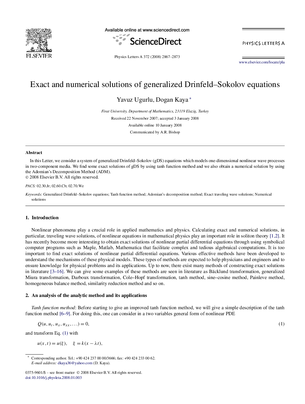 Exact and numerical solutions of generalized Drinfeld–Sokolov equations