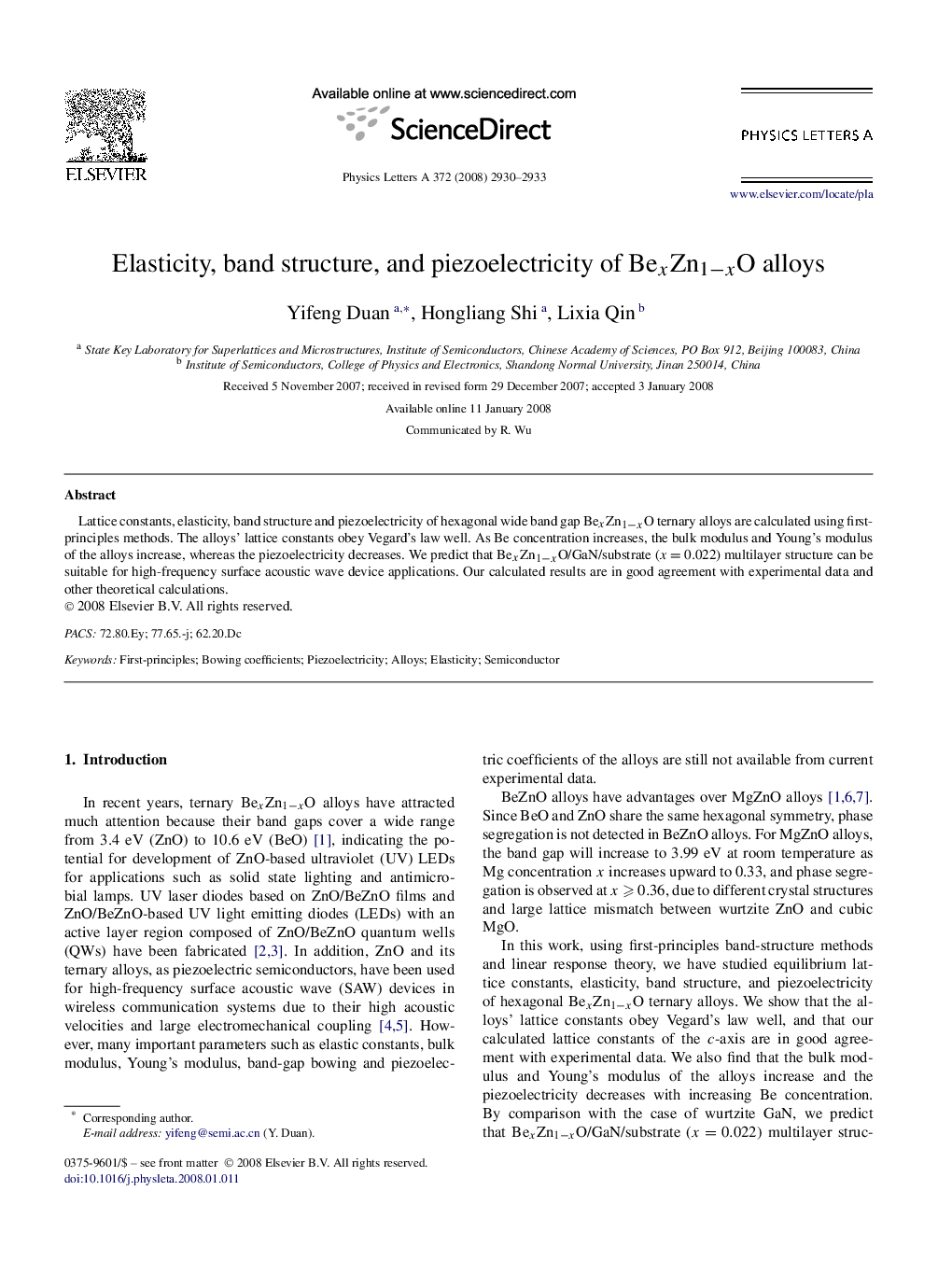 Elasticity, band structure, and piezoelectricity of BexZn1−xO alloys