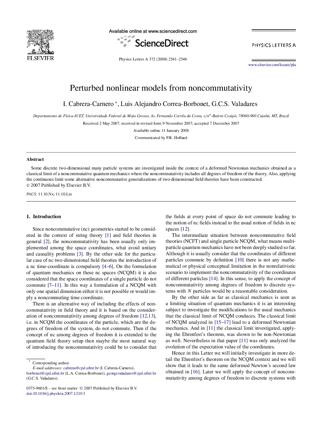 Perturbed nonlinear models from noncommutativity