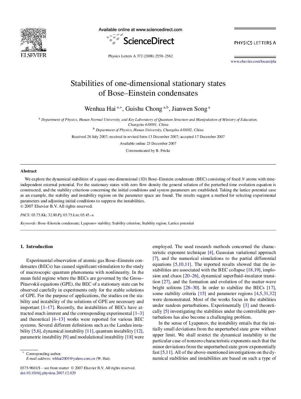 Stabilities of one-dimensional stationary states of Bose-Einstein condensates