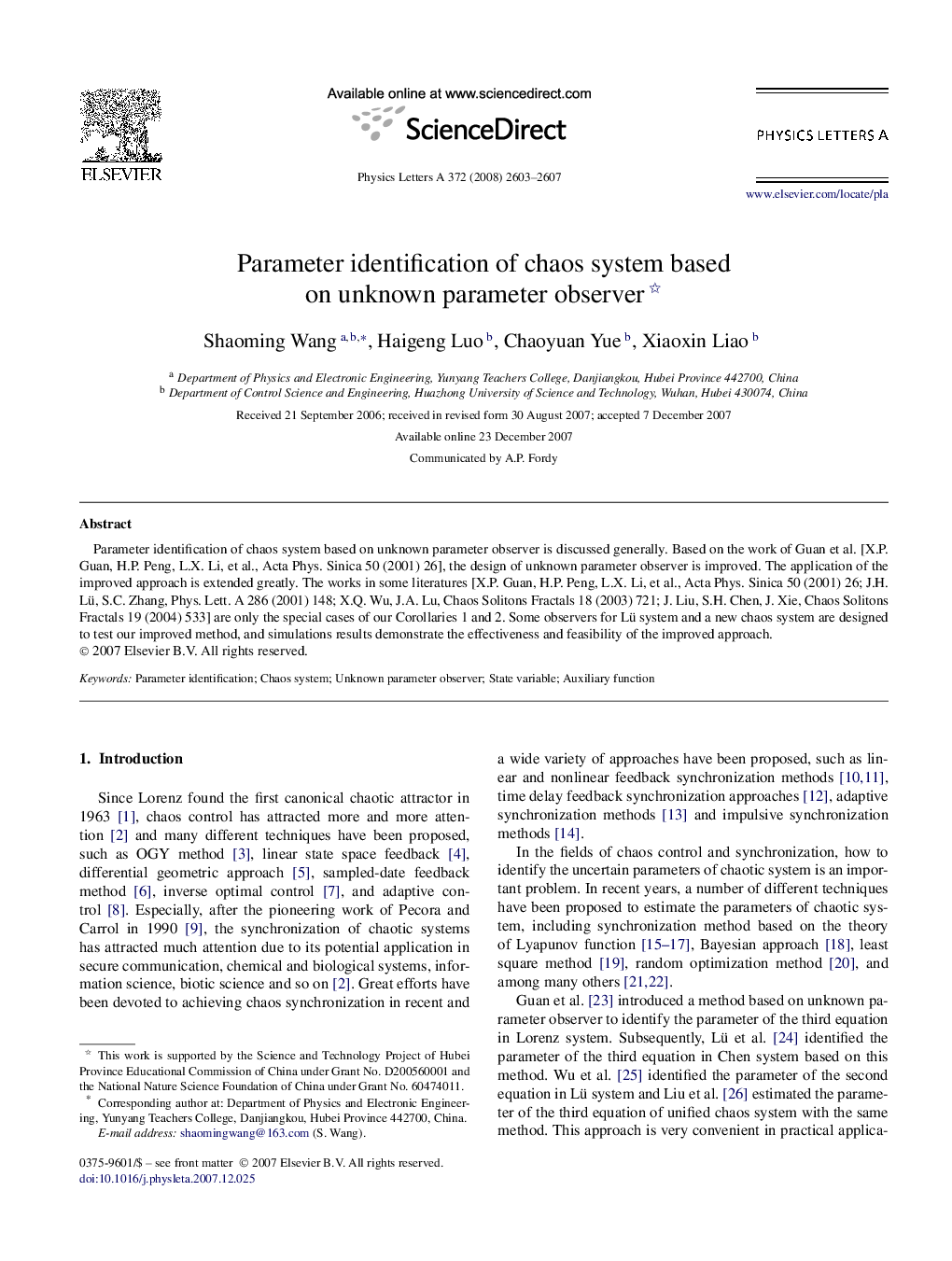 Parameter identification of chaos system based on unknown parameter observer 