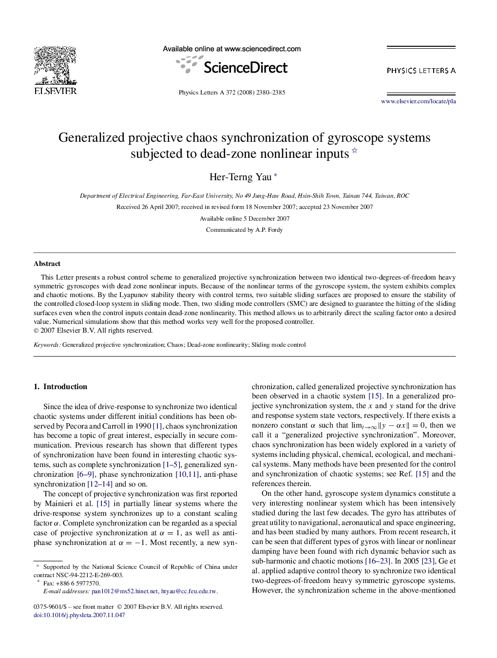 Generalized projective chaos synchronization of gyroscope systems subjected to dead-zone nonlinear inputs