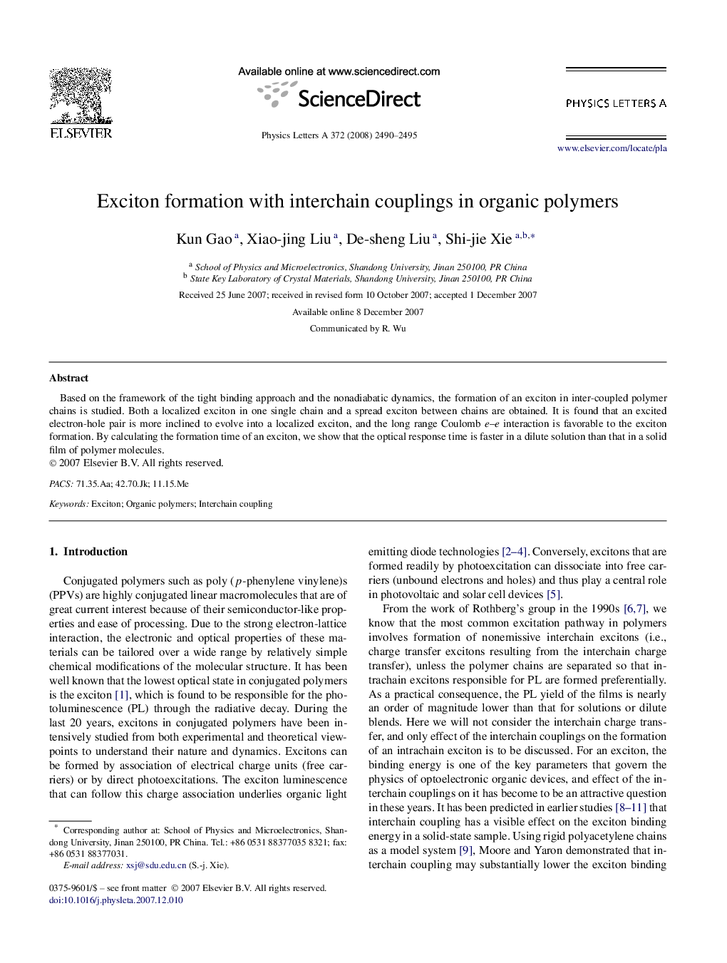 Exciton formation with interchain couplings in organic polymers