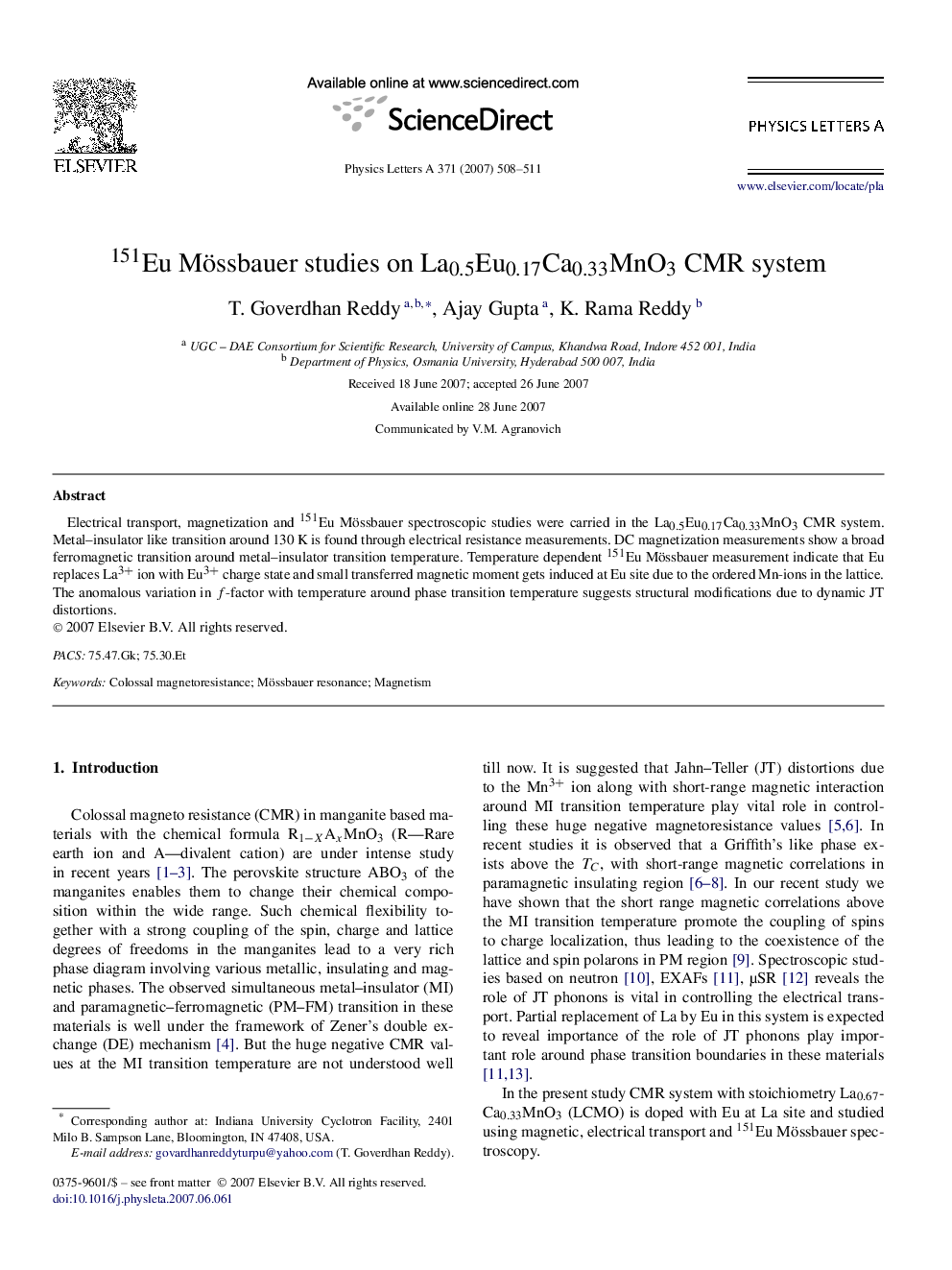 151Eu Mössbauer studies on La0.5Eu0.17Ca0.33MnO3 CMR system