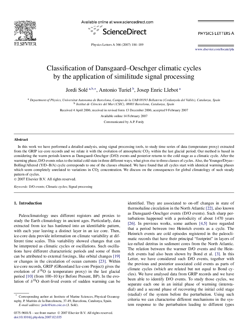 Classification of Dansgaard–Oeschger climatic cycles by the application of similitude signal processing