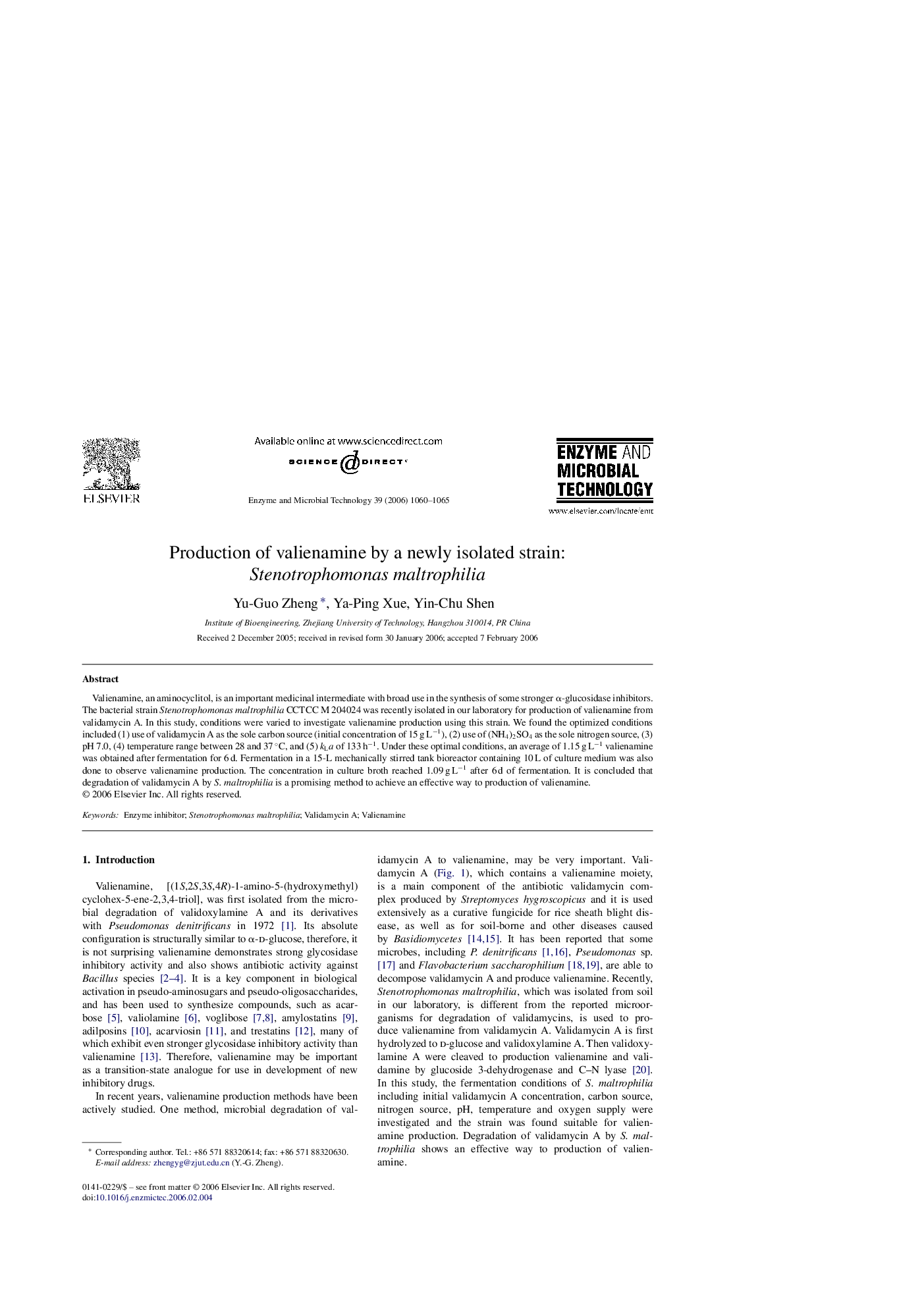 Production of valienamine by a newly isolated strain: Stenotrophomonas maltrophilia