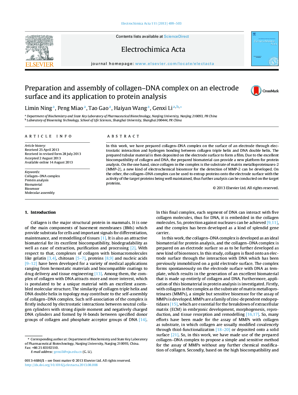 Preparation and assembly of collagen–DNA complex on an electrode surface and its application to protein analysis