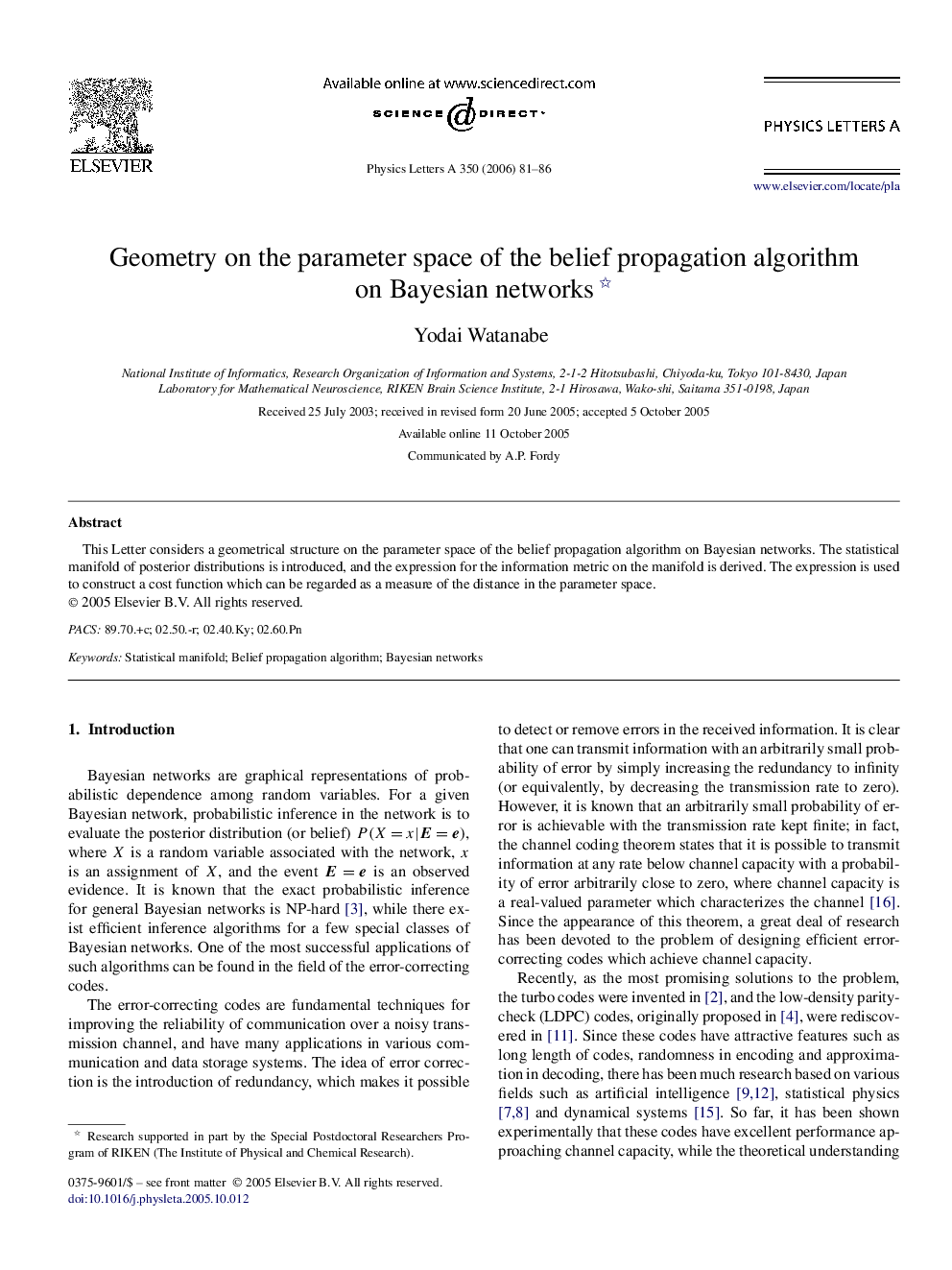 Geometry on the parameter space of the belief propagation algorithm on Bayesian networks 