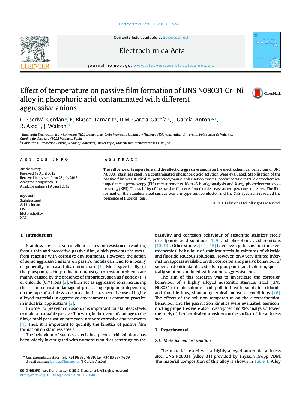 Effect of temperature on passive film formation of UNS N08031 Cr–Ni alloy in phosphoric acid contaminated with different aggressive anions